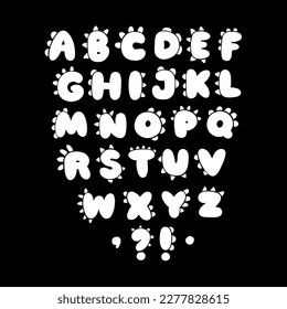 Dino linocut alphabet. Funny comic font in the style of a simple hand-drawn cartoon with manes of dinosaurs, dragons or monsters. Isolated white doodle stamps on black background