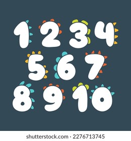 Dino linocut figures. Funny comic numbers in the style of a simple hand-drawn cartoon with colored manes of dinosaurs, dragons or monsters. Isolated doodle stamps on dark background