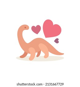 Dino in love. Cute dinosaur and hearts drawing illustration in cartoon style. Brontosaurus stylized simple graphic. Part of set.