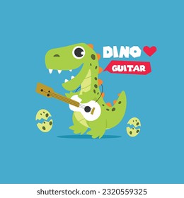 Dino Love Guitar Vector Flat Illustrations perfect for design Kid Tshirt, Drawing Book Cover, or Merchendise