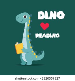 Dino Love Reading Vector Flat Illustrations perfect for design Kid Tshirt, Drawing Book Cover, or Merchendise