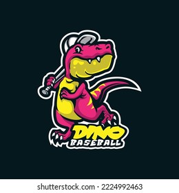 Dino mascot logo design with modern illustration concept style for badge, emblem and t shirt printing. Smart dino baseball illustration with stick in hand.