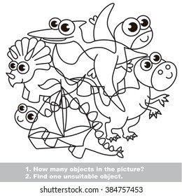 Dino mishmash set in vector outlined to be colored.  Find all hidden objects on the picture. Visual game for children.