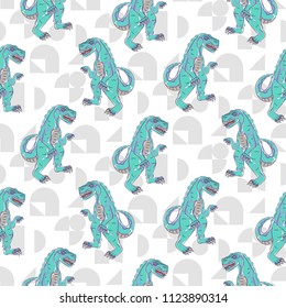 Dino monster boy seamless vector pattern. Angry blue dinosaur background for print.