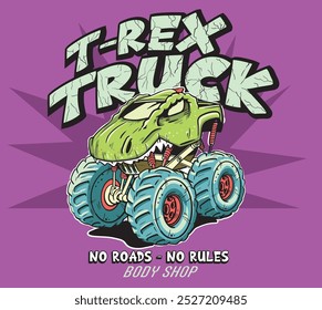 dino monster truck illustration for t shirt print