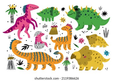 Dino mother with kid. Happy Jurassic animals families. Moms and funny children. Prehistoric wildlife. Newborn reptile cubs. Extinct fauna. Volcanoes and palm trees