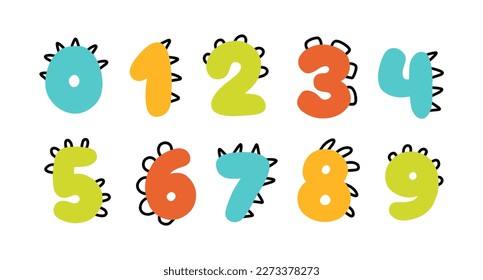 Dino numbers. Funny comic in the style of a simple hand-drawn cartoon with the manes of dinosaurs, dragons or monsters. Colored isolated doodles on a white background