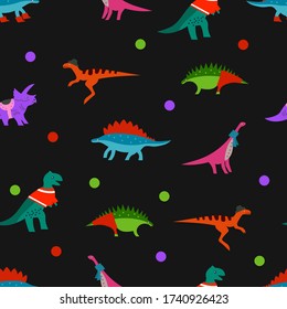 Dino on black background. Seamless baby dinosaurs pattern for textile, fabric, print or wallpaper. Template for wrapping paper or buff print