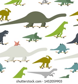 Dino on skateboard set pattern seamless. Dinosaur Skateboarder background. Prehistoric lizard monster riding longboard
