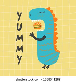 Dino with open mouth, eating burger and word Yummy. Blue and orange dinosaurs, colorful vector illustration on yellow quad ruled paper background, baby nursery, boy, girl card, kid birthday invitation