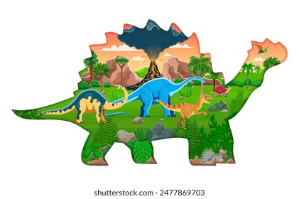 Dino paper cut silhouette with prehistoric dinosaurs. Cartoon 3d vector papercut frame filled with melanorosaurus, haplocanthosaurus, velociraptor, carbonemys and tapejara, volcano and green landscape