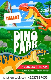 Dino park banner with cartoon dinosaur characters and prehistoric lizards, vector background. Kids Jurassic dino park exhibition or paleontology animals museum and entertainment event poster