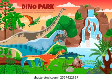 Dino park banner with prehistoric dinosaurs and reptiles near waterfall cascade. Vector vibrant cover template for Jurassic era adventure park with dino animals, green trees and a dramatic sunset sky