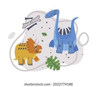 Dino Park Composition with Funny Dinosaurs as Cute Prehistoric Creature and Comic Predator Vector Illustration