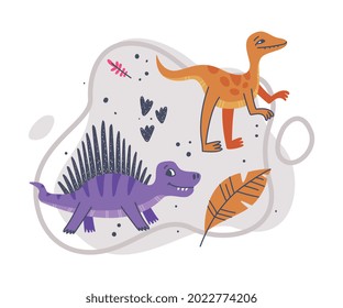Dino Park Composition with Funny Dinosaurs as Cute Prehistoric Creature and Comic Predator Vector Illustration
