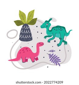 Dino Park Composition with Funny Dinosaurs as Cute Prehistoric Creature and Comic Predator Vector Illustration