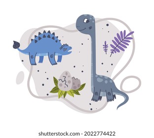 Dino Park Composition with Funny Dinosaurs as Cute Prehistoric Creature and Comic Predator Vector Illustration