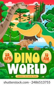 Dino park flyer with funny prehistoric dinosaurs. Vector colorful invitation poster template for the dino world fun event, featuring ancient reptiles at lush landscape with trees, waterfalls and rocks