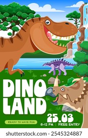 Flyer de parque de Dino com dinossauros pré-históricos e cascata de cachoeira, fundo de vetor de desenhos animados. Crianças Jurássico Dino Park exposição ou paleontologia animais museu e evento de entretenimento panfleto com T-Rex