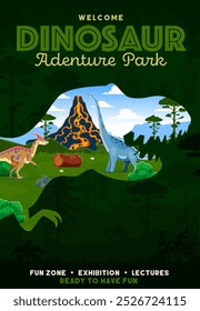 Dino parque flyer com silhueta de dinossauro T rex e paisagem pré-histórica, cartaz vetorial. Panfleto de exibição de aventura de parque jurássico e história de dinossauros com T-rex tiranossauros e lagartos