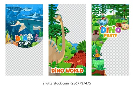 Dino park flyer templates with prehistoric dinosaurs in lush, jungle forest and underwater landscape. Vector frame or border for promoting adventurous dinosaur themed events, parties or entertainment