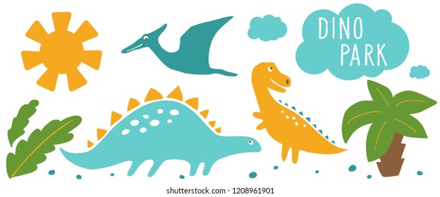 Dino park horizontal banner.Flat vector illustration.