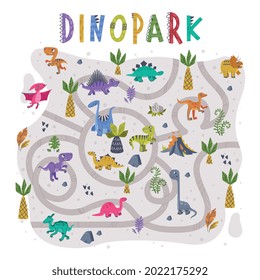 Dino Park Labyrinth or Maze Game with Funny Dinosaurs and Twisted Path Vector Set