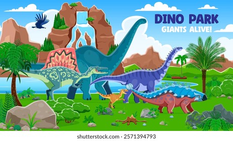 Dino park landscape with prehistoric dinosaurs. Vector Jurassic era adventure park with dinosaur species amidst lush green landscape with waterfall cascading down a cliff. World of ancient reptiles