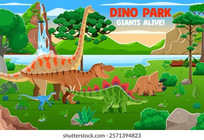 Dino park landscape with prehistoric dinosaurs. Paleontology museum vector or zoo extinct animal park poster with dinosaurs cute characters walking on Jurassic landscape with trees, lake and waterfall