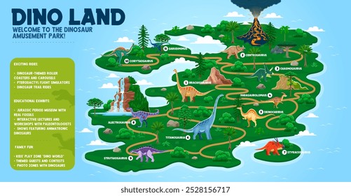 Dino park map with prehistoric dinosaur animals of Jurassic era, vector template. Dino land amusement park and prehistoric dinosaurs exhibition island map with direction to extinct animals and lizards