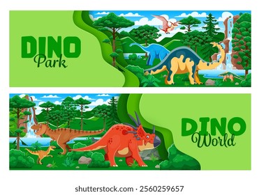 Dino park paper cut banners with prehistoric dinosaurs characters. Funny jurassic dinos at forest background with vector 3d paper cut borders. Cartoon tyrannosaurus, velociraptor, pteranodon dinosaurs