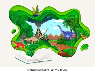 Dino park paper cut landscape with opened book and prehistoric dinosaurs in jungle with erupting volcano. Hypselosaurus, quetzalcoatlus, probactrosaurus, tyrranosaurus, paralititan and anatotitan dino