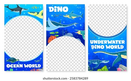 Dino park poster templates with underwater dinosaur characters vector background frame. Cartoon prehistoric reptiles in sea waves social media banners of ichthyosaurus, kronosaurus, archelon dinosaurs