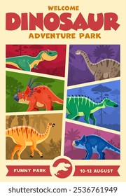 Volante de póster retro de Dino Park con dinosaurios prehistóricos que promueven eventos o exposiciones aventureras. Invitación de Vector con especies de dinosaurios de dibujos animados en hábitats coloridos que invitan a los visitantes a una experiencia divertida