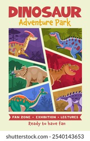 Dino parque retro poster flyer com dinossauros pré-históricos. Publicidade vetorial ou convite em estilo vintage para parque de aventura, exposição, palestra ou diversão em família dias, invoca nostalgia e emoção