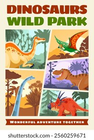 Dino park retro poster or flyer with prehistoric dinosaurs. Vector collage of cartoon jurassic tyrannosaurus rex, styracosaurus and titanosauria dinosaurs characters at dino park landscape background