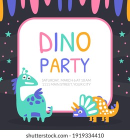 Dino Party Banner with Space for Text, Poster, Invitation Card, Flyer Design Template with Cute Funny Prehistoric Dinosaurs Cartoon Vector Illustration