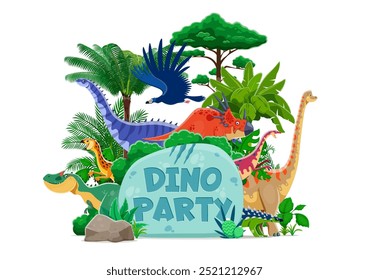 Cubierta del partido del dinosaurio con los dinosaurios prehistóricos de la historieta para el acontecimiento de la diversión de los niños, fondo del Vector. Flyer de invitación de fiesta de dinosaurio, Anuncio o cartel con personajes de dinosaurio jurásico para el festival infantil