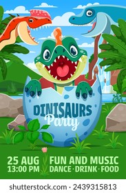 Volante de la fiesta de Dino con personajes de dinosaurios de dibujos animados en la selva, invitación vectorial para el evento de los niños. Afiche de fiesta de entretenimiento del parque jurásico para diversión y música para niños, picnic y aventura arqueológica