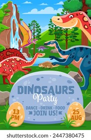 Folleto de la fiesta de Dino, personajes de dinosaurios de dibujos animados en selva tropical, cartel del evento de Vector para niños. Volante de invitación a la fiesta de dinosaurios con reptiles del parque Jurásico y divertidos personajes de dinosaurios