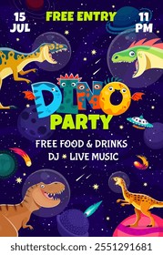 Dino party flyer with dinosaur astronauts characters on alien space vector background. Cartoon tyrannosaurus, raptor, neovenator and scutellosaurus with space helmets, UFO and stars, dino party poster