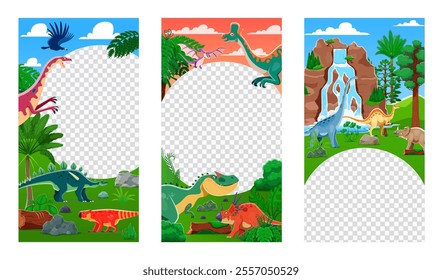 Dino party flyer templates with prehistoric dinosaurs in lush, jungle forest landscape. Vector frames or borders for promoting adventurous dinosaur themed events, parks, parties or kids entertainment