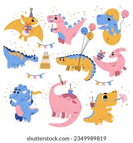 Dino Party with Happy Dinosaurs with Balloon and Gift Box Vector Set