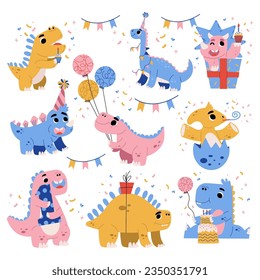 Dino Party with Happy Dinosaurs with Balloon and Gift Box Vector Set