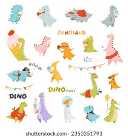 Dino Party with Happy Dinosaurs with Ice Cream and Wearing Costumes Big Vector Set