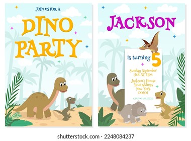 Dino party invitation design template. Kids Birthday celebration colorful greeting card set with baby T-rex, triceratops and Brachiosaurus on cute cartoon tropical background. Vector illustration 