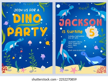 Dino party invitation design template. Kids Birthday celebration colorful greeting card set with plesiosaurs, seaweed, coral reef . Cartoon underwater background with  dinosaurs. Vector illustration