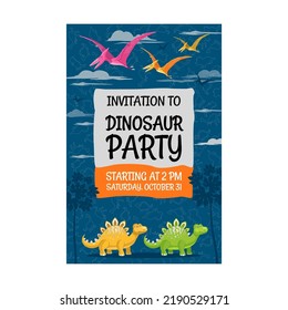 Dino Party Invitation Design. Trendy Big Holiday Invitations With Text And Dinos. Creatures And Fossil Reptiles. Template For Leaflet, Banner Or Flyer