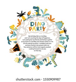 Dino party invitation. A round planet with dinosaurs, volcanoes and tropical fantastic plants. Colorful illustration in cartoon style with template for text.