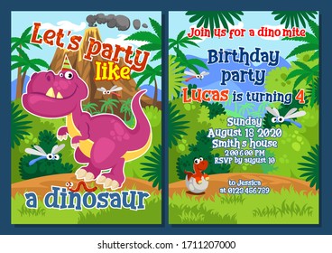 Dino party invitation template with decorations vector illustration. Lets party like dinosaur fun inscription cartoon design. Birthday festive celebration concept